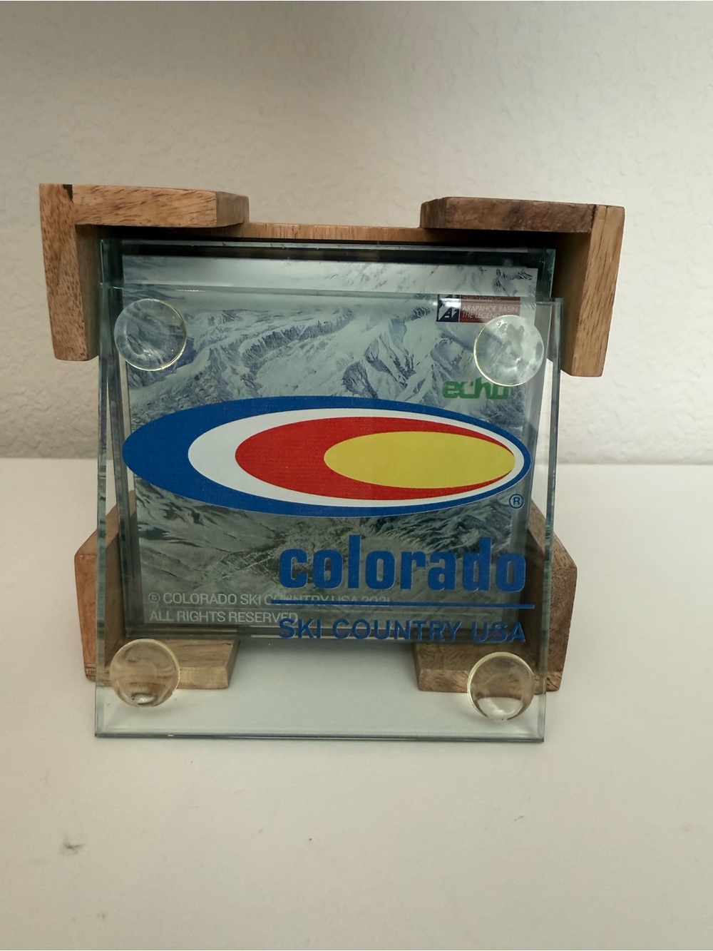 Colorado Ski Country USA Glass Coaster Set of 4 Wooden Caddy Ski Resort Map